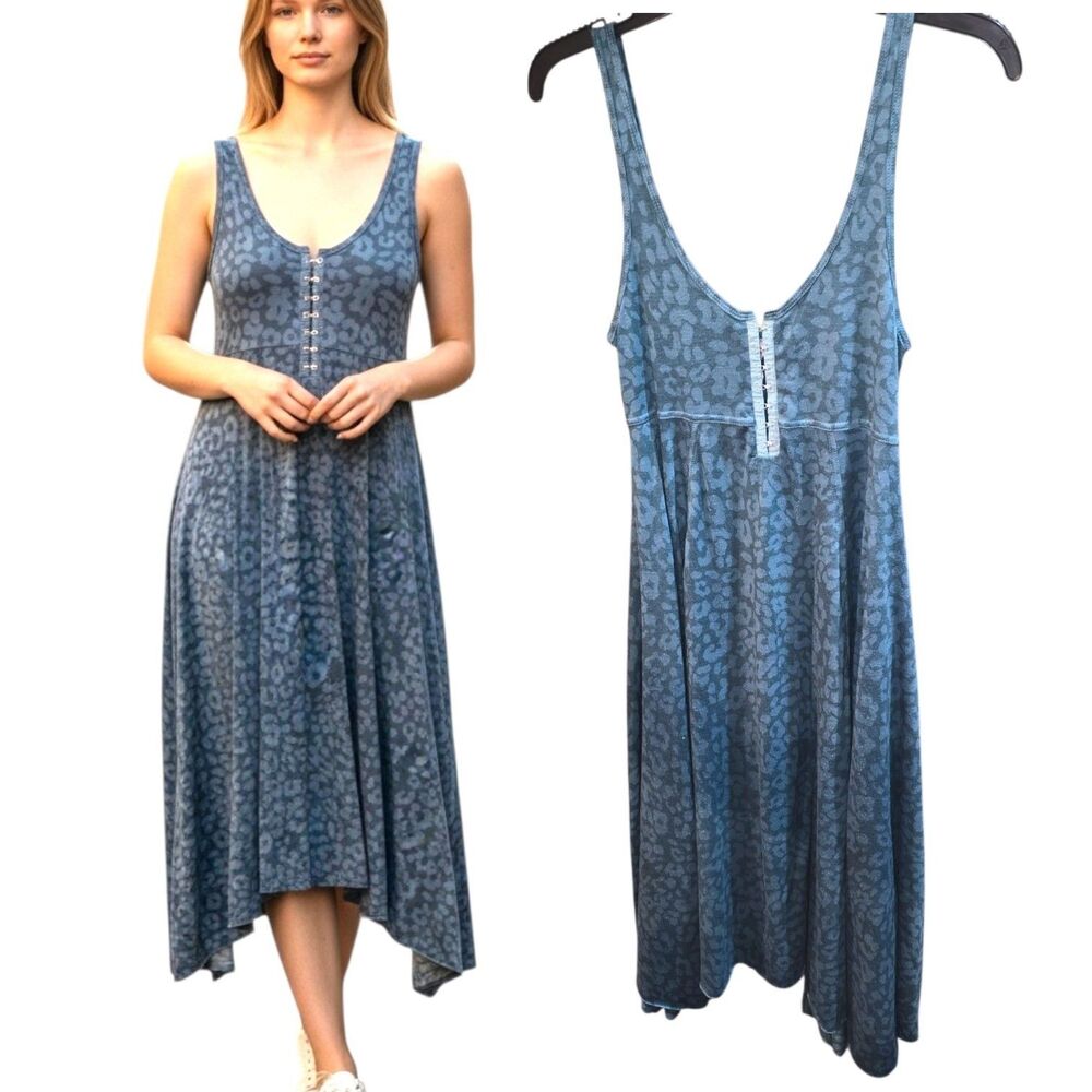 Free People Vtg XS Teal Leopard Hook & Eye Boho Lagenlook Tank Top Midi Dress